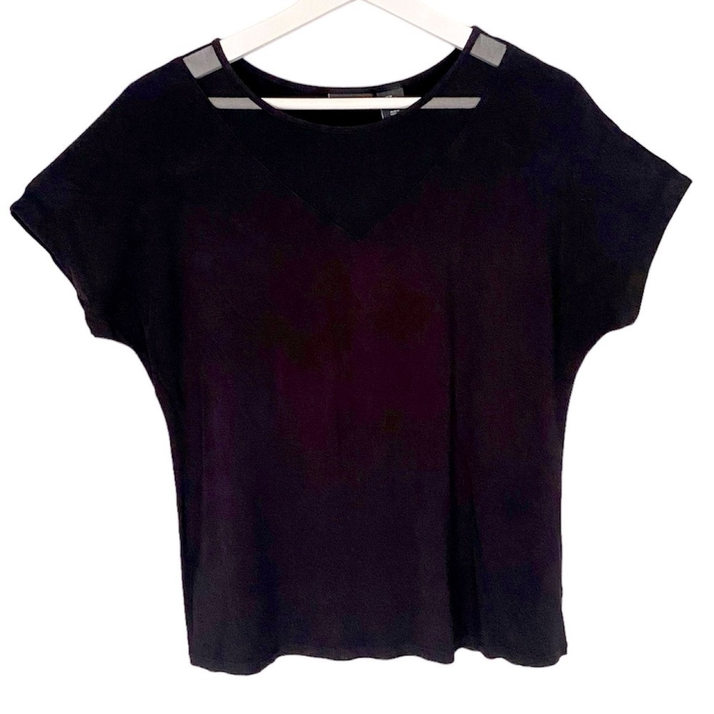 TAHARI Top Sheer V-Neck Short Sleeve Black Women Size M